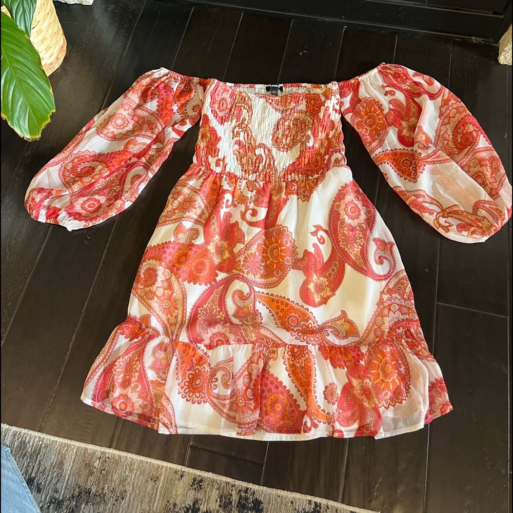 Express pink and white off the shoulder dress